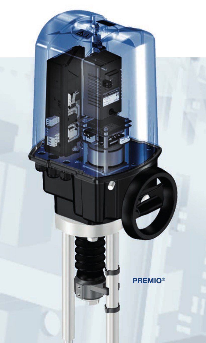 Elektrischer Linear-Stellantrieb mit transparenter Haube, Elektronik, Handrad und Spindel mit Faltenbalg