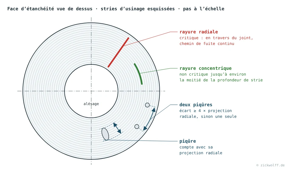 Face d’étanchéité vue de dessus avec stries d’usinage : rayure radiale en rouge (critique), rayure concentrique en vert (non critique), piqûre avec projection radiale et écart minimal entre deux piqûres
