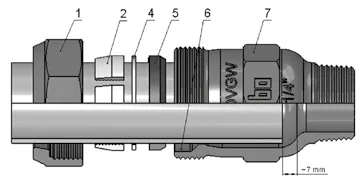 Vue en coupe : raccord à compression pour tube acier, repères selon catalogue du fabricant