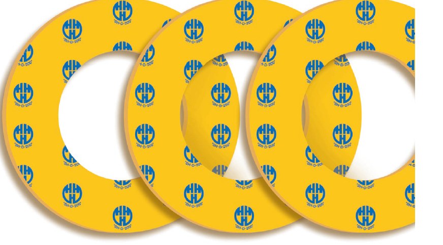 Drei gelbe asbestfreie Faserstoff-Flachdichtungen SH-D-200 in Ringform (Form IBC)