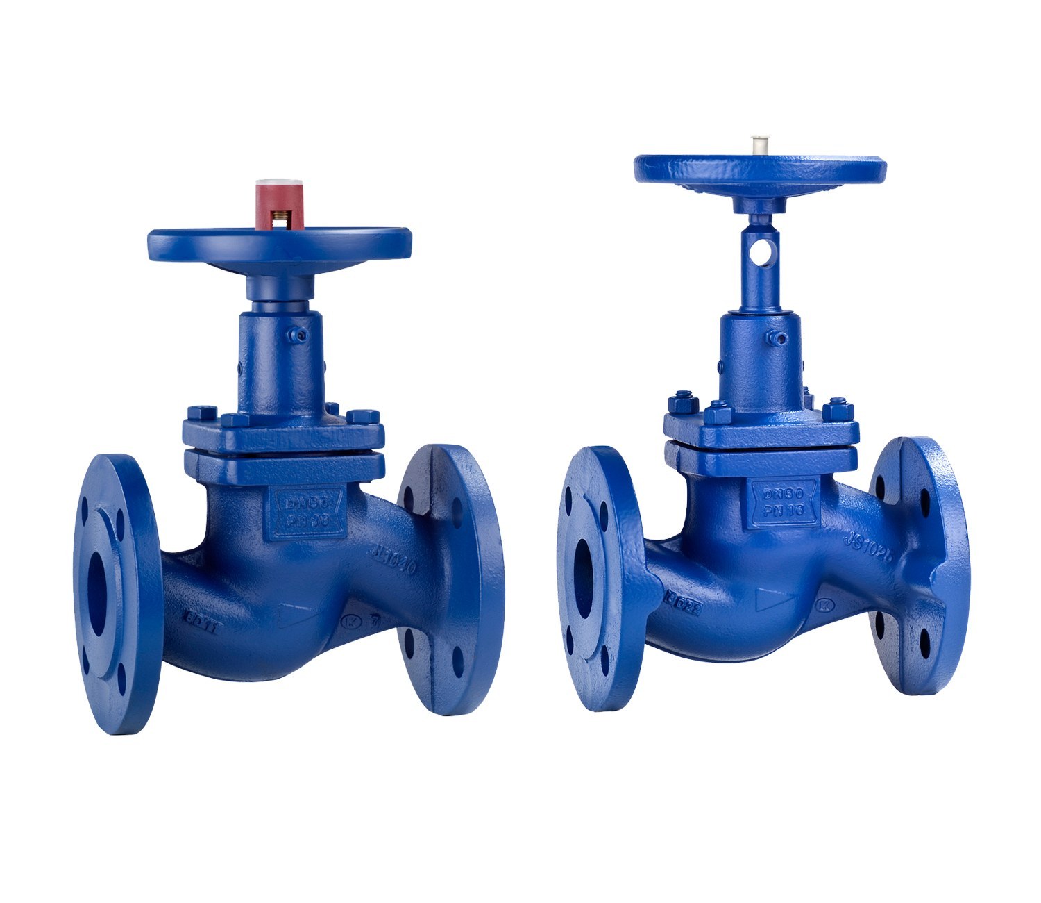 Zwei Flansch-Absperrventile KSB BOA-H aus Gusseisen, blau lackiert, mit Handrad