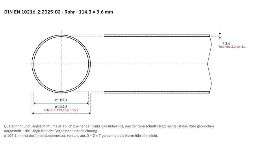 Messbild Rohr: Querschnitt mit Außendurchmesser D und Innendurchmesser, Längsschnitt mit der Wanddicke T als volle Wand von der Außen- bis zur Innenfläche