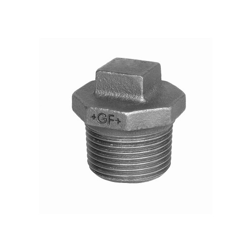 Plug of galvanised malleable cast iron with external thread, square head and collar – it goes into the pipe