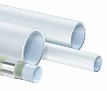 Uponor MLC multilayer pipes of various sizes, one with exposed layer structure and visible aluminium layer