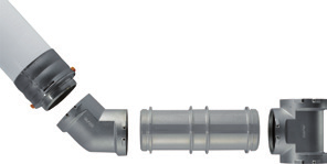 Uponor RS assembly of press adapter, 45 degree elbow, spacer adapters 130 and 210 mm and tee