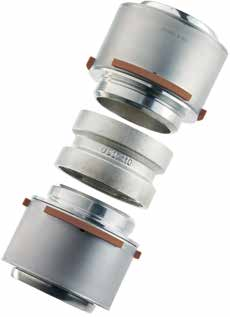 Uponor RS coupling in individual parts: two press adapters with stainless-steel press sleeve and stop ring, base body in between