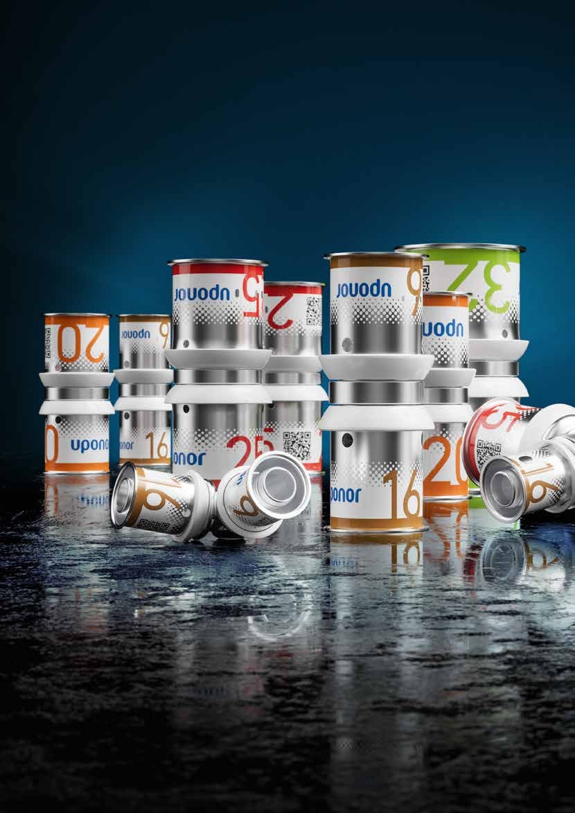 Uponor S-Press PLUS fittings 16, 20, 25 and 32 with colour-coded indicator foils on the stainless-steel press sleeve