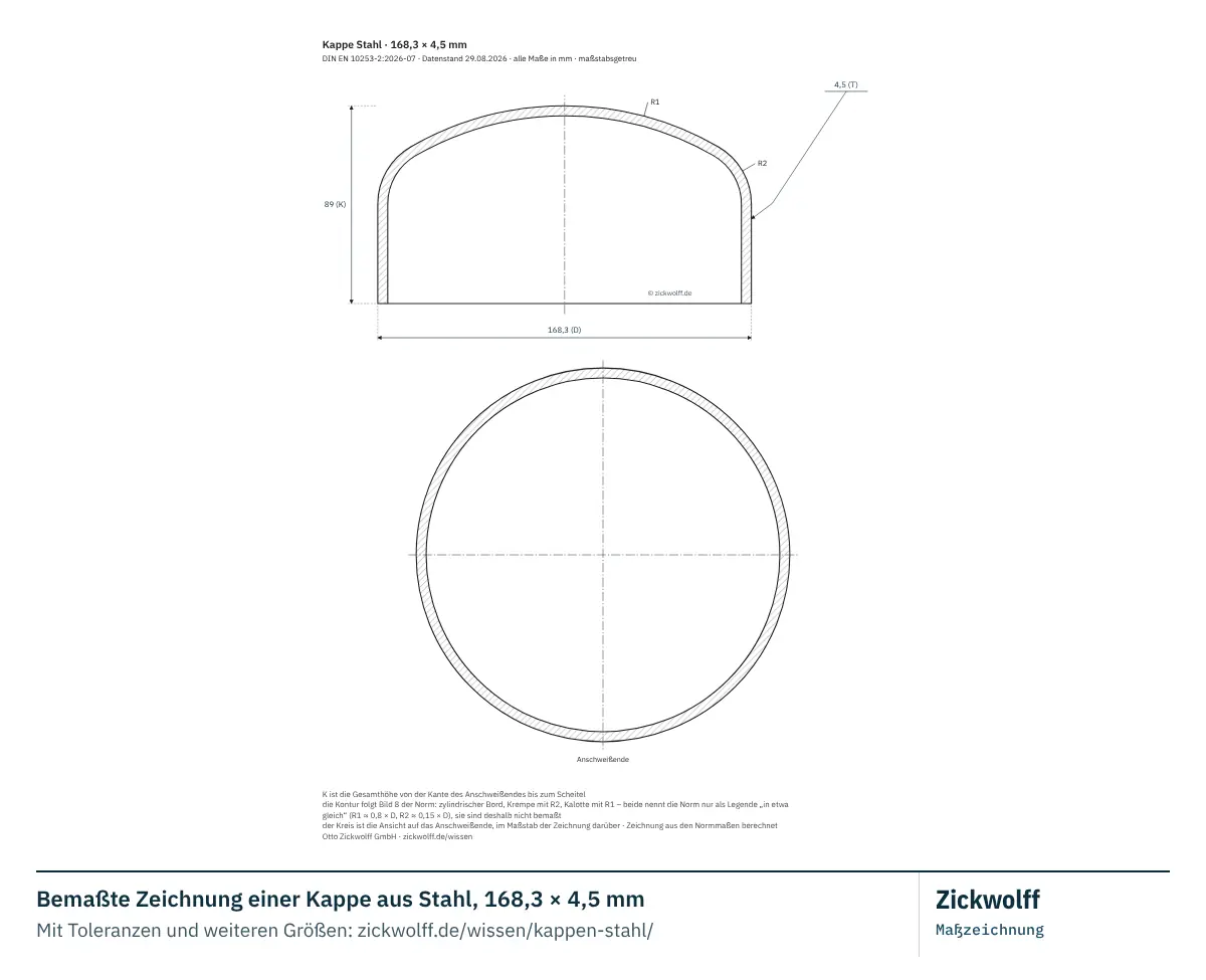 Bemaßte Zeichnung einer Kappe aus Stahl, 168,3 × 4,5 mm. Hauptmaße: Außendurchmesser D 168,3 mm, Wanddicke T 4,5 mm, Gesamthöhe K 89 mm, Wanddicke am Kappenkörper (nur Typ B) Tc 4,5 mm Normwert (unverbindlich).