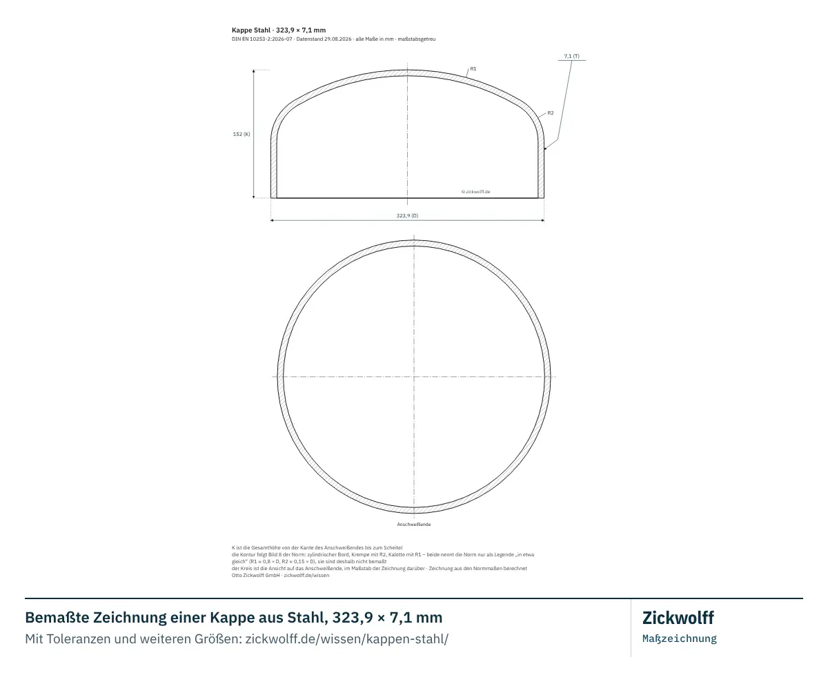 Bemaßte Zeichnung einer Kappe aus Stahl, 323,9 × 7,1 mm. Hauptmaße: Außendurchmesser D 323,9 mm, Wanddicke T 7,1 mm, Gesamthöhe K 152 mm, Wanddicke am Kappenkörper (nur Typ B) Tc 7,1 mm Normwert (unverbindlich).