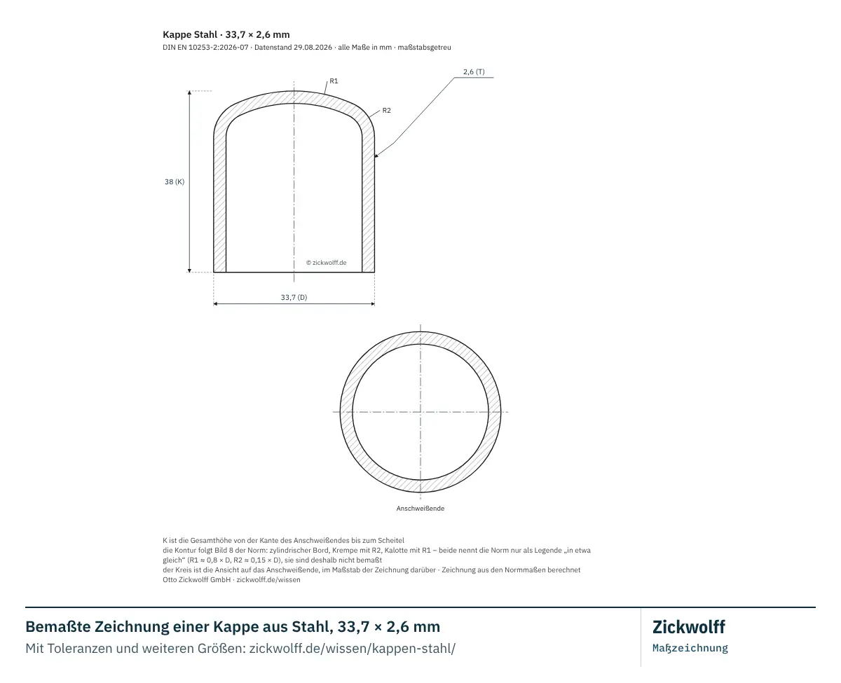 Bemaßte Zeichnung einer Kappe aus Stahl, 33,7 × 2,6 mm. Hauptmaße: Außendurchmesser D 33,7 mm, Wanddicke T 2,6 mm, Gesamthöhe K 38 mm, Wanddicke am Kappenkörper (nur Typ B) Tc 2,6 mm Normwert (unverbindlich).