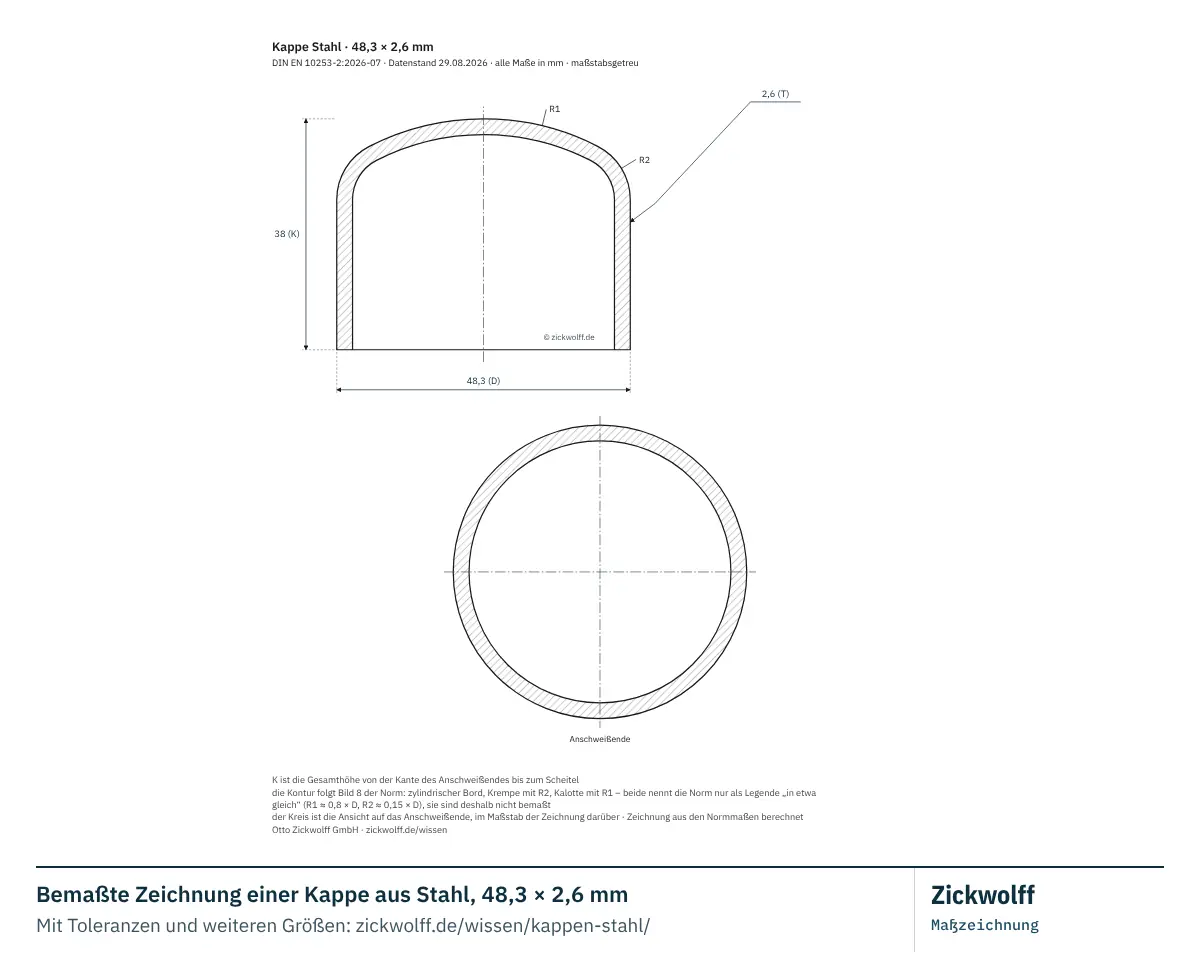 Bemaßte Zeichnung einer Kappe aus Stahl, 48,3 × 2,6 mm. Hauptmaße: Außendurchmesser D 48,3 mm, Wanddicke T 2,6 mm, Gesamthöhe K 38 mm, Wanddicke am Kappenkörper (nur Typ B) Tc 2,6 mm Normwert (unverbindlich).