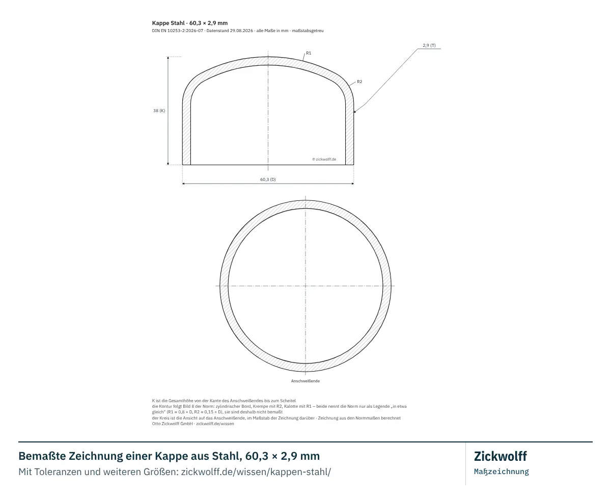 Bemaßte Zeichnung einer Kappe aus Stahl, 60,3 × 2,9 mm. Hauptmaße: Außendurchmesser D 60,3 mm, Wanddicke T 2,9 mm, Gesamthöhe K 38 mm, Wanddicke am Kappenkörper (nur Typ B) Tc 2,9 mm Normwert (unverbindlich).