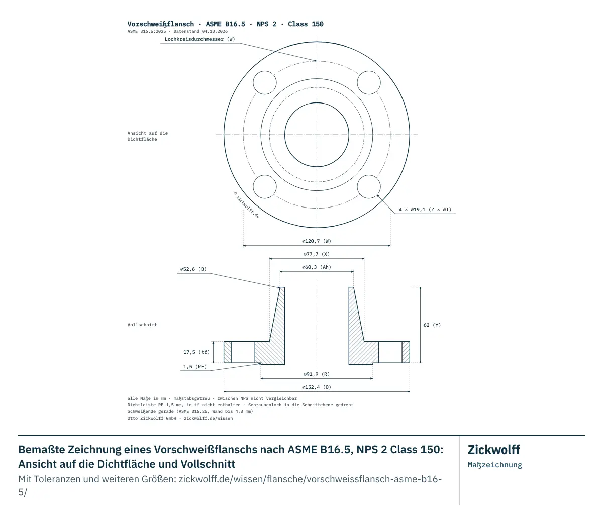 Bemaßte Zeichnung eines Vorschweißflanschs nach ASME B16.5, NPS 2 Class 150: Ansicht auf die Dichtfläche und Vollschnitt. Hauptmaße: Außendurchmesser O 152,4 mm (6 Zoll), Lochkreisdurchmesser W 120,7 mm, Flanschdicke tf 17,5 mm (0,7 Zoll), Dichtleisten-Durchmesser R 91,9 mm.