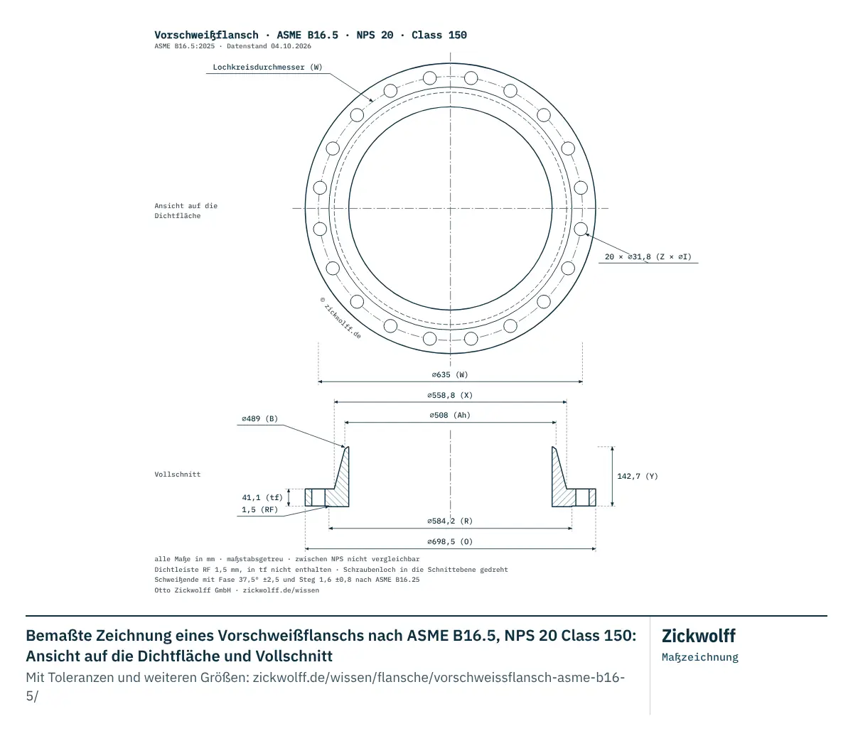 Bemaßte Zeichnung eines Vorschweißflanschs nach ASME B16.5, NPS 20 Class 150: Ansicht auf die Dichtfläche und Vollschnitt. Hauptmaße: Außendurchmesser O 698,5 mm (27,5 Zoll), Lochkreisdurchmesser W 635 mm, Flanschdicke tf 41,1 mm (1,6 Zoll), Dichtleisten-Durchmesser R 584,2 mm.