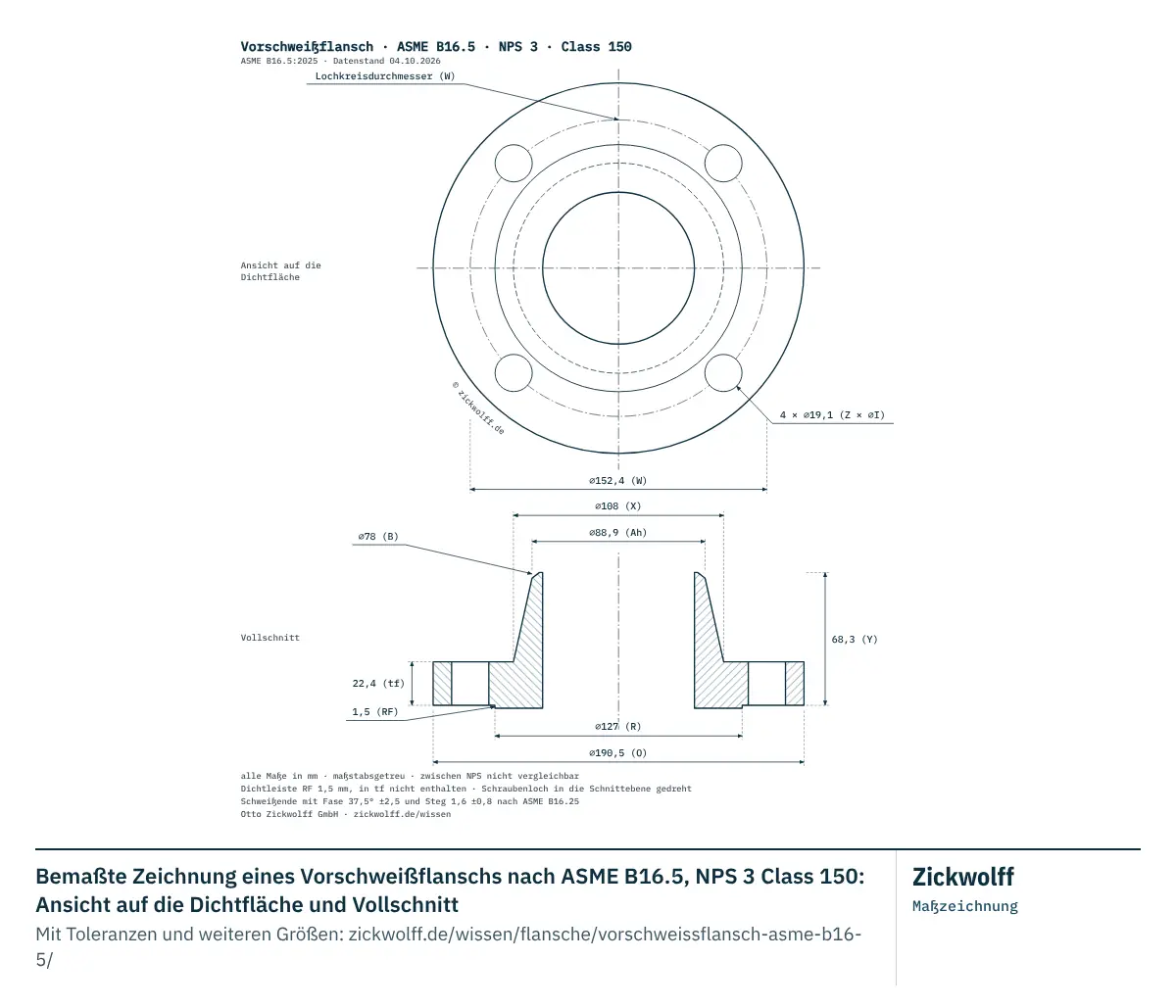 Bemaßte Zeichnung eines Vorschweißflanschs nach ASME B16.5, NPS 3 Class 150: Ansicht auf die Dichtfläche und Vollschnitt. Hauptmaße: Außendurchmesser O 190,5 mm (7,5 Zoll), Lochkreisdurchmesser W 152,4 mm, Flanschdicke tf 22,4 mm (0,9 Zoll), Dichtleisten-Durchmesser R 127 mm.