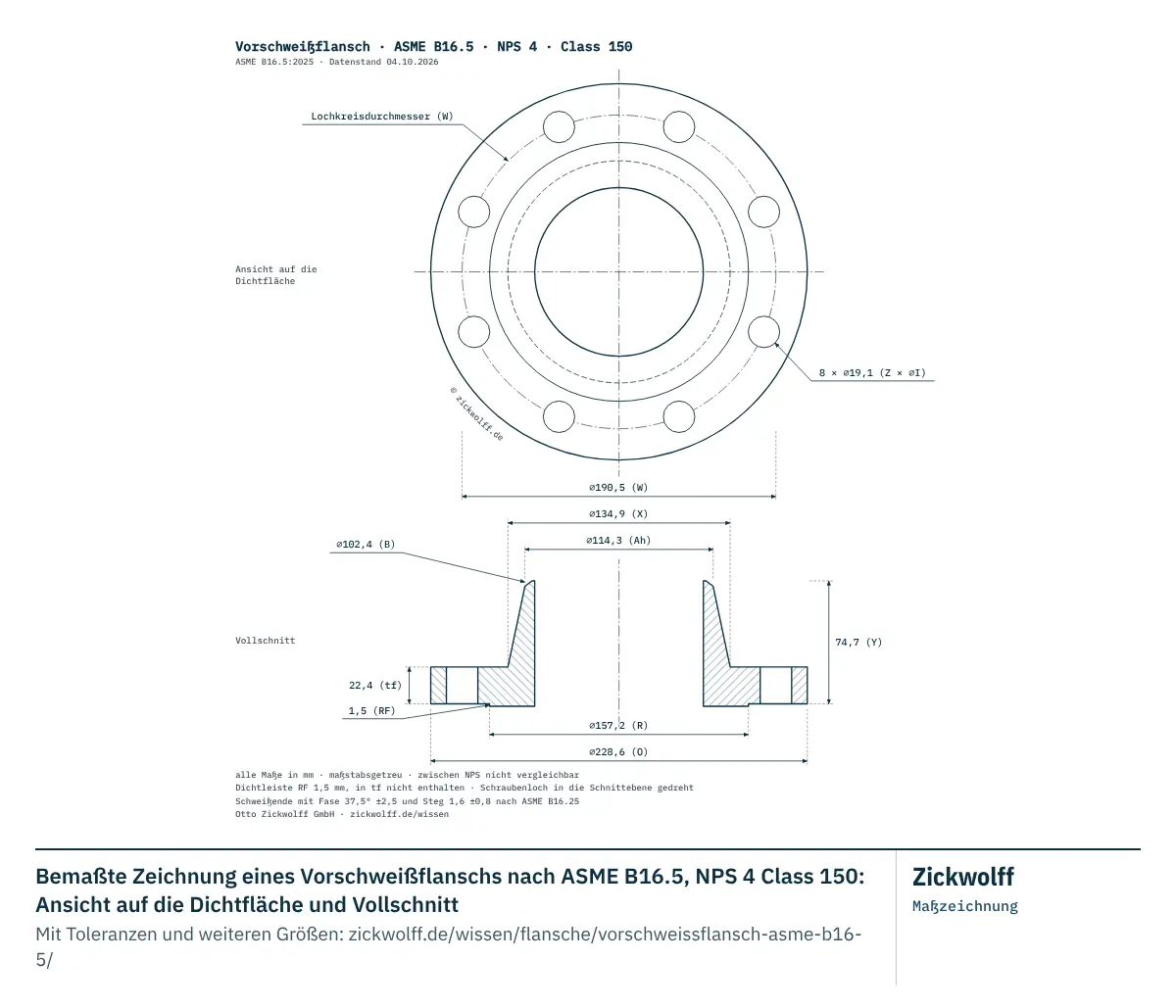 Bemaßte Zeichnung eines Vorschweißflanschs nach ASME B16.5, NPS 4 Class 150: Ansicht auf die Dichtfläche und Vollschnitt. Hauptmaße: Außendurchmesser O 228,6 mm (9 Zoll), Lochkreisdurchmesser W 190,5 mm, Flanschdicke tf 22,4 mm (0,9 Zoll), Dichtleisten-Durchmesser R 157,2 mm.